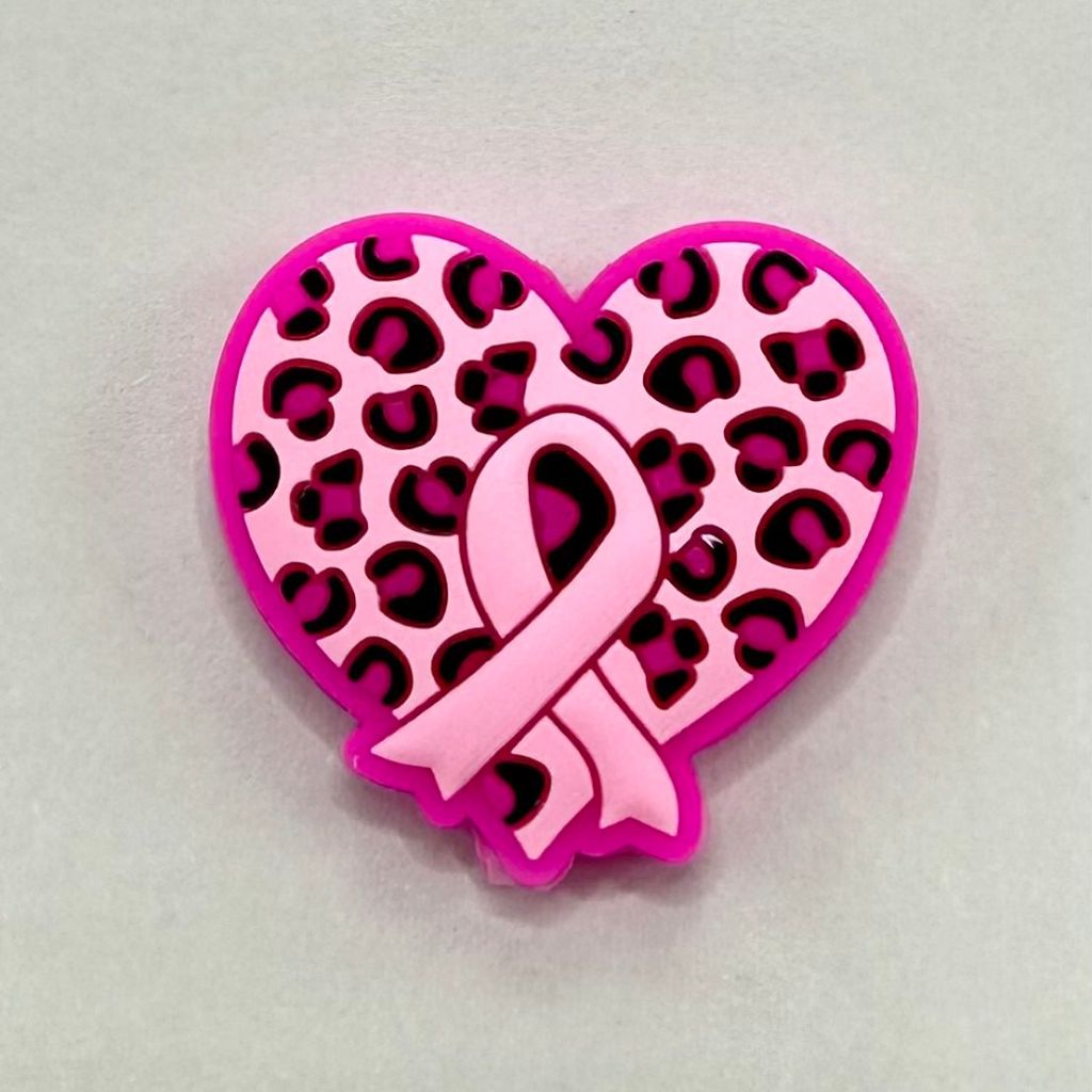 Breast Cancer Awareness Ribbon with Heart Jaguar Print Silicone Focal Beads