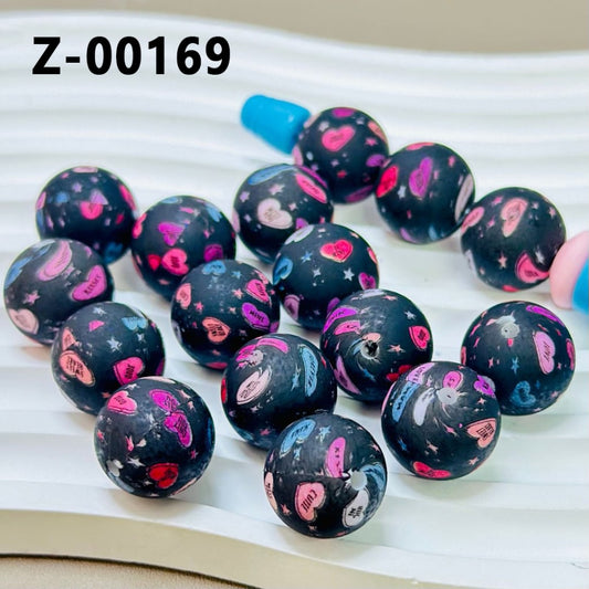 Colorful Hearts Black Round Printed Silicone Beads 15mm, Number Z-00169