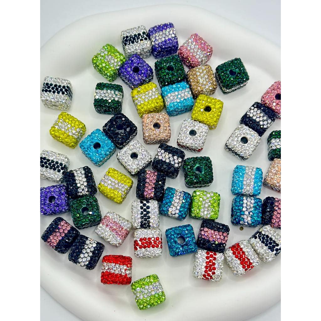 Striped Cube Clay Beads with Rhinestones, Random Mix 14mm