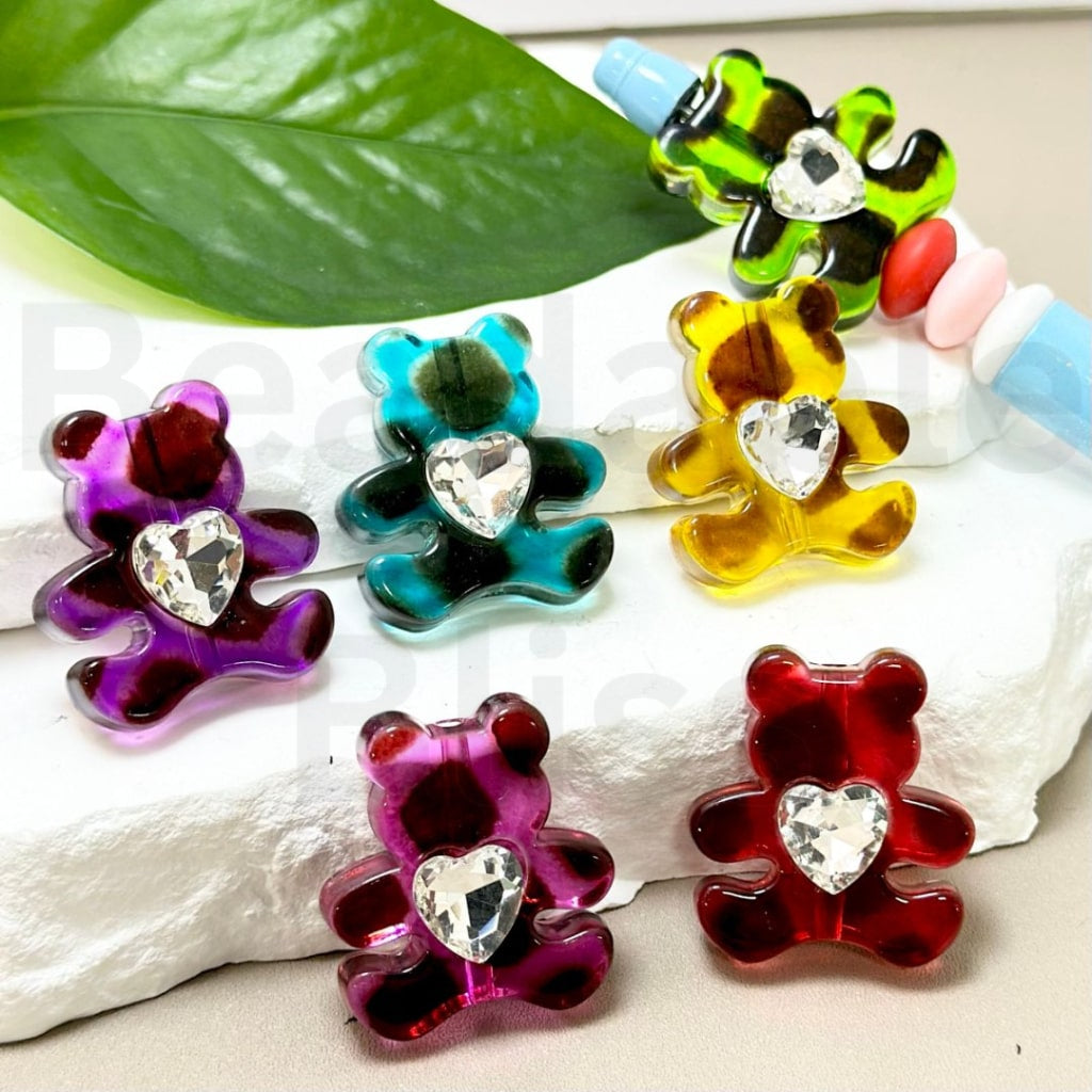 Mini Cute Colorful Clear Bears with Brown Spots Clear Heart Rhinestone Acrylic Beads, Around 27*30MM, Please Read the Description