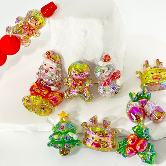 Bling Bling Shiny Translucent Christmas Tree Father Snowman Gingerbread Candy Bell Deer Glitter Inside Acrylic Beads, Around 22-30MM