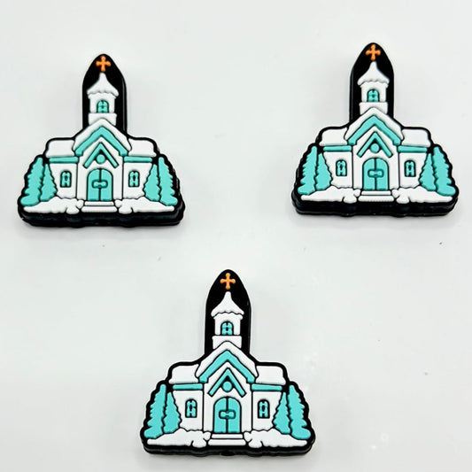 Vivid Teal White Christian Church Cross Silicone Focal Beads