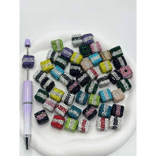 Striped Cube Clay Beads with Rhinestones, Random Mix 14mm