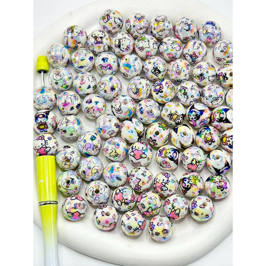 White UV Coating Acrylic Beads with Kuro , Kitt ,   Prints , cinnamon ,Random Mix, 16MM