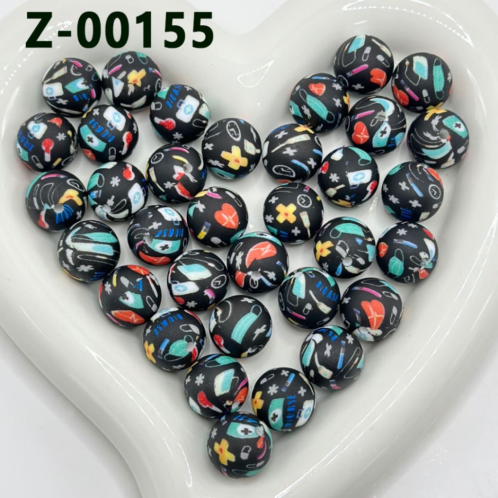 Mask Electrocardiogram Band-Aids First-Aid Case Hospital Doctor Nurse Black Round Printed Silicone Beads 15mm, Number Z-00155