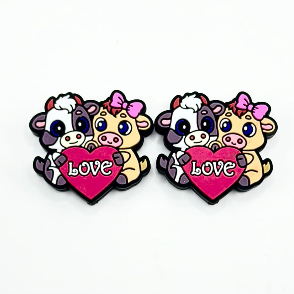 Two Little Cute Cows Hold a Red Heart Love Valentines Silicone Focal Beads