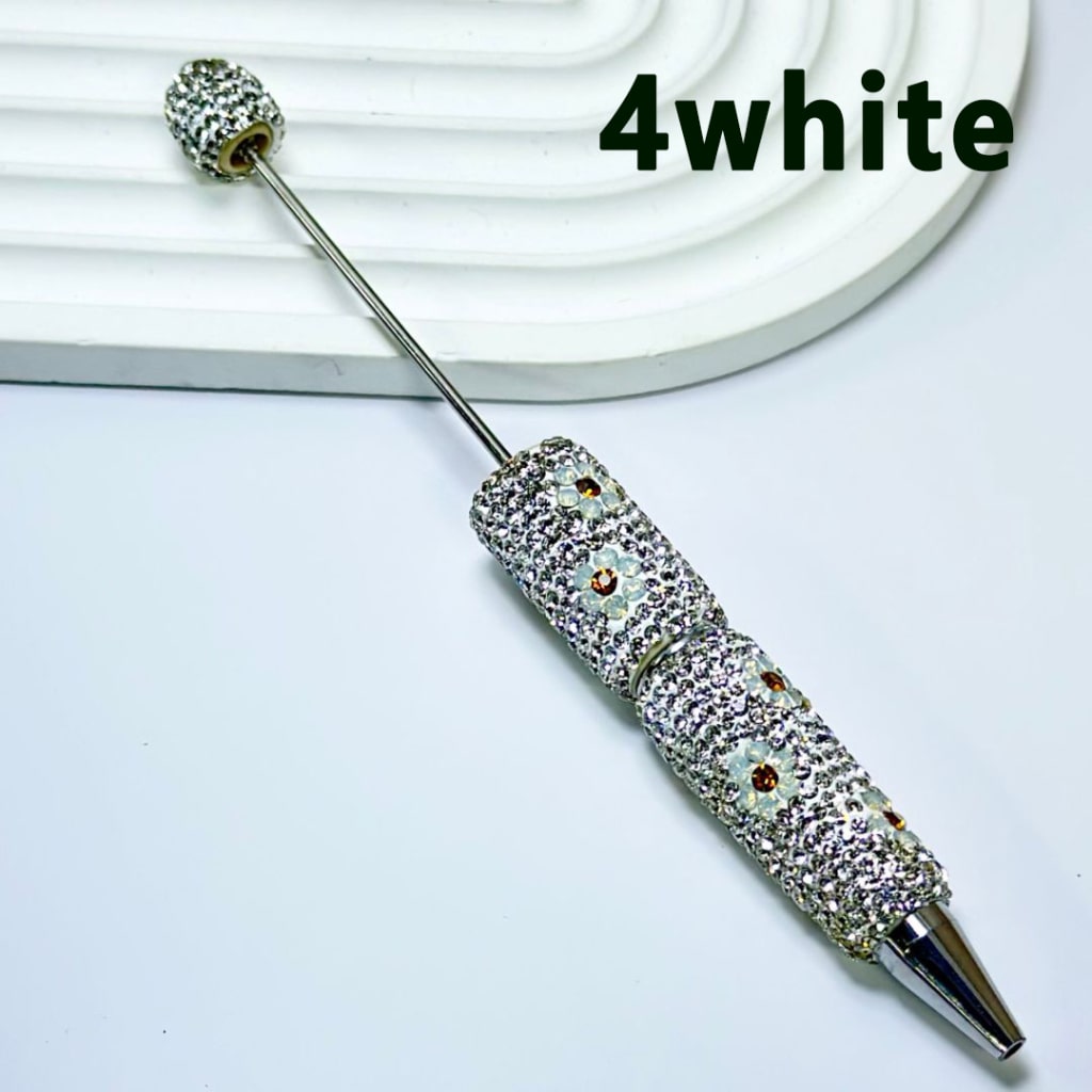 Beadable Clay Pens with White & Gold Flowers Colorful Shiny Rhinestones Covered the Entire Pen