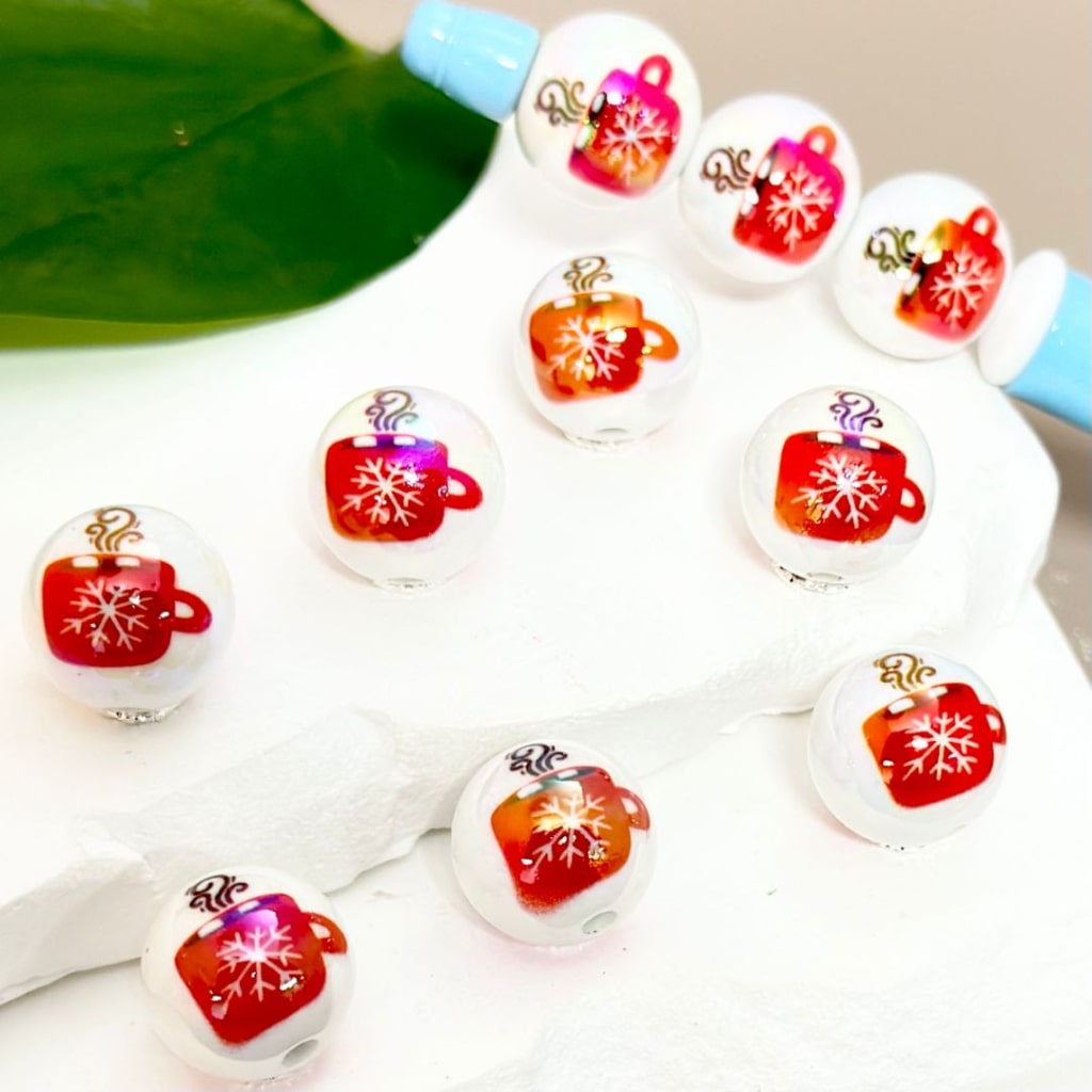 UV Finish Red Coffee Cup with Snowflake Prints White Round Acrylic Beads, 16MM, Random Mix