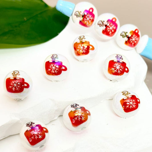 UV Finish Red Coffee Cup with Snowflake Prints White Round Acrylic Beads, 16MM, Random Mix