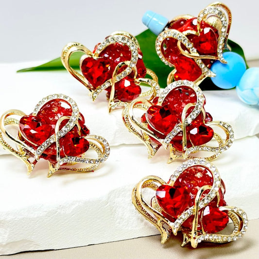 Bling Bling Fancy Gold Alloy Heart Frame with Clear Rhinestones Red Heart Rhinestones Oval Pearls Clay Beads, Around 42*30MM