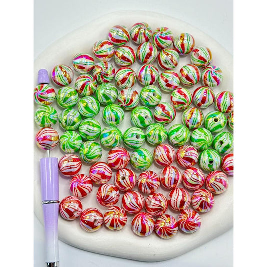 Christmas Red and Green Colorful Striped Lines Round Acrylic Beads,  Random Mix,16MM