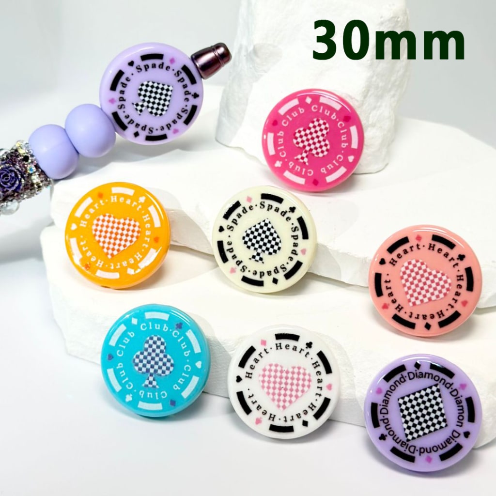 Poker Playing Card Diamond Club Heart Spade Round Acrylic Beads, Random Mix, 30MM