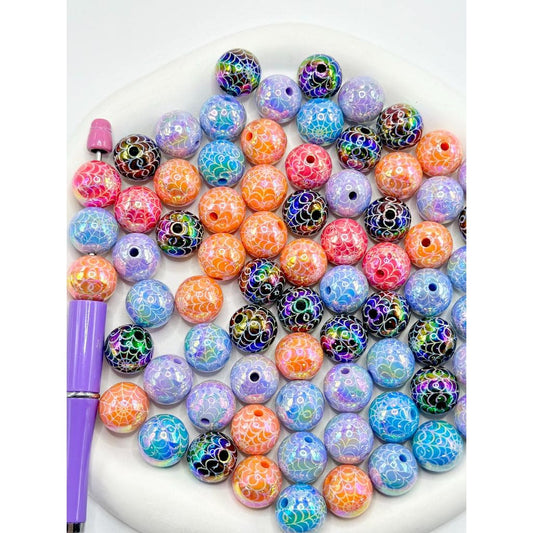 UV Coating Acrylic Beads with Spider Net Prints in Solid Colors, 16MM