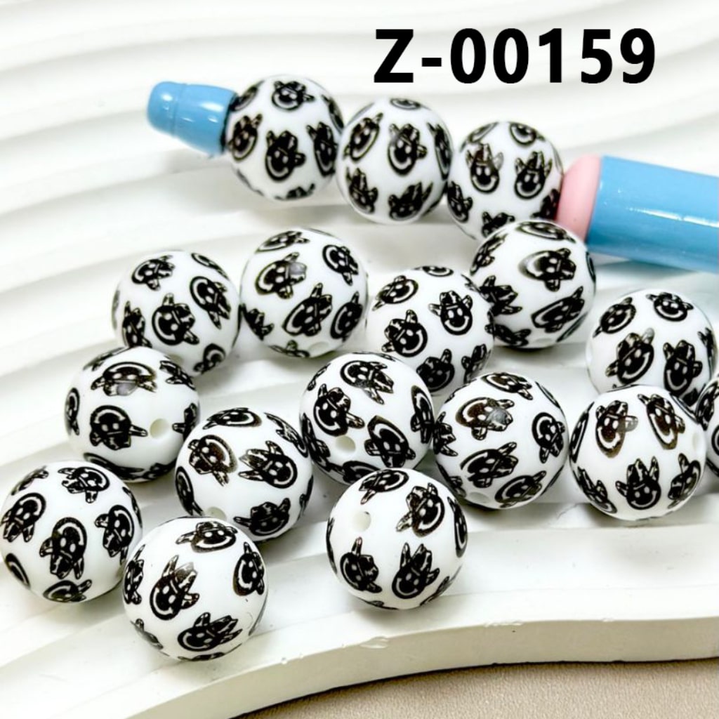 Smile Face with Cowboy Hat White Round Printed Silicone Beads 15mm, Number Z-00159