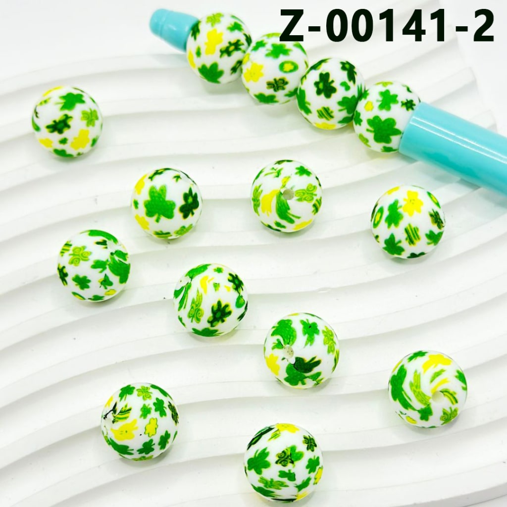 Green Leaf Clover Rainbow Cloud Hat Drink Flower Round Printed Silicone Beads 15mm, Number Z-00141