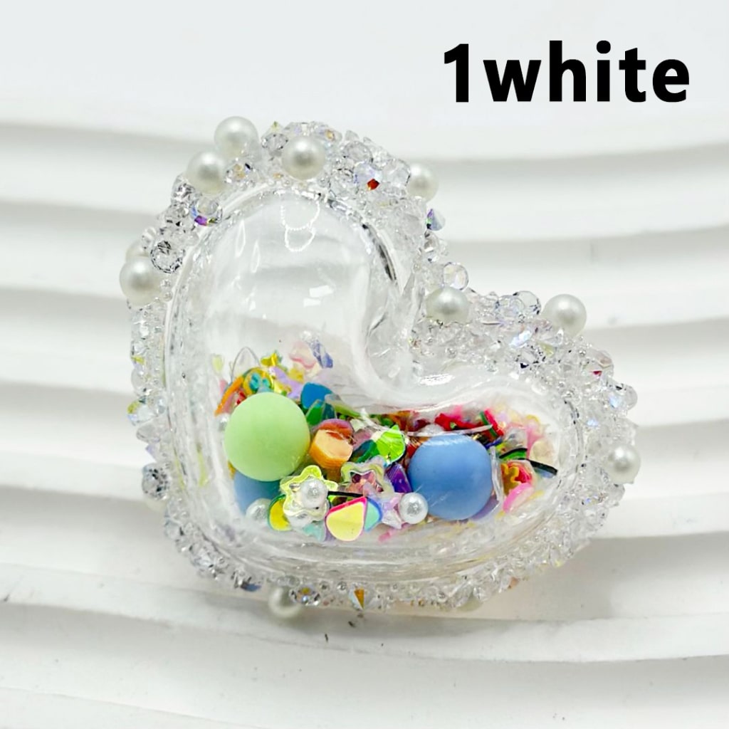 Clear Hollow Heart Shake Acrylic Beads Colorful Confetti Flake Star Snowflake Ball Heart Inside with Colorful Rhinestones Sugar Wrap White Pearls, Around 37*30MM