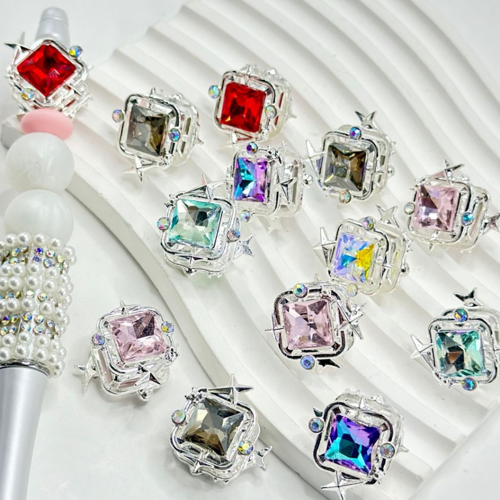 Bling Bling Silver Alloy Square Frame Star with Large Square Colorful Shiny Rhinestone Mini AB Rhinestone,  Around 22*15MM