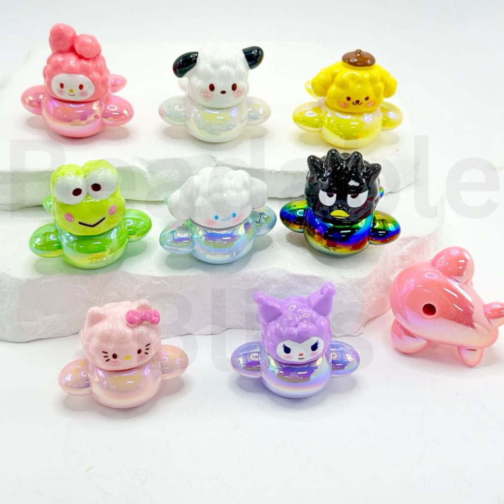 UV Finish Cute Sanri Plane HK Kurom Melod Keropp Cinnamorol Badtz-Mar Pochacc Pom Pom Puri Acrylic Beads, Around 32*32MM