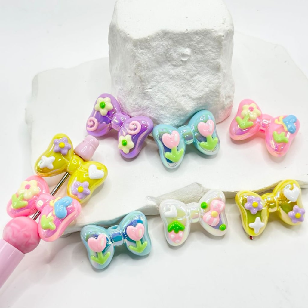 UV Finish Shiny Colorful Bowknots Acrylic Beads with Mini Cute Flowers Strawberries Hearts Stars, Random Mix, 20*29MM