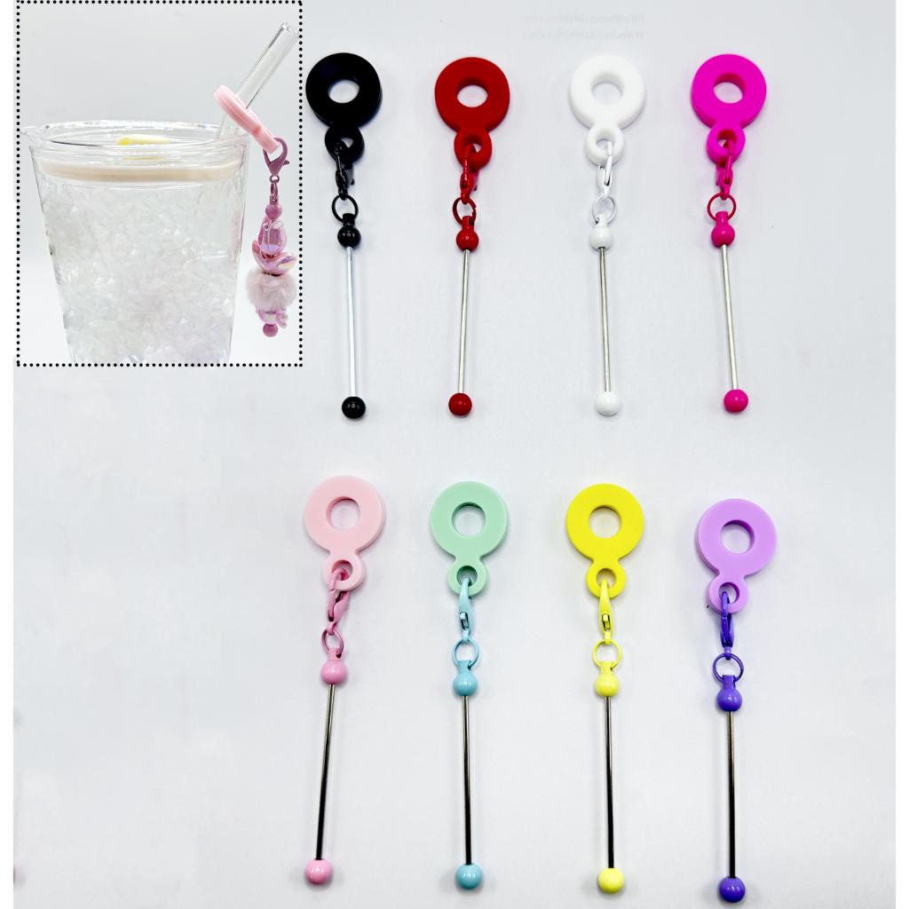 DIY Beadable Metal Bar for Keychains in Solid Color with Carabiner Hook Silicone Ring Hoop On Cup's Straw  Please Read the Description