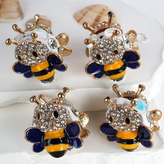 Fancy Mini Cute Alloy Bee with Clear Rhinestones Pearls White Flat Round Clay Beads, Around 27*30MM