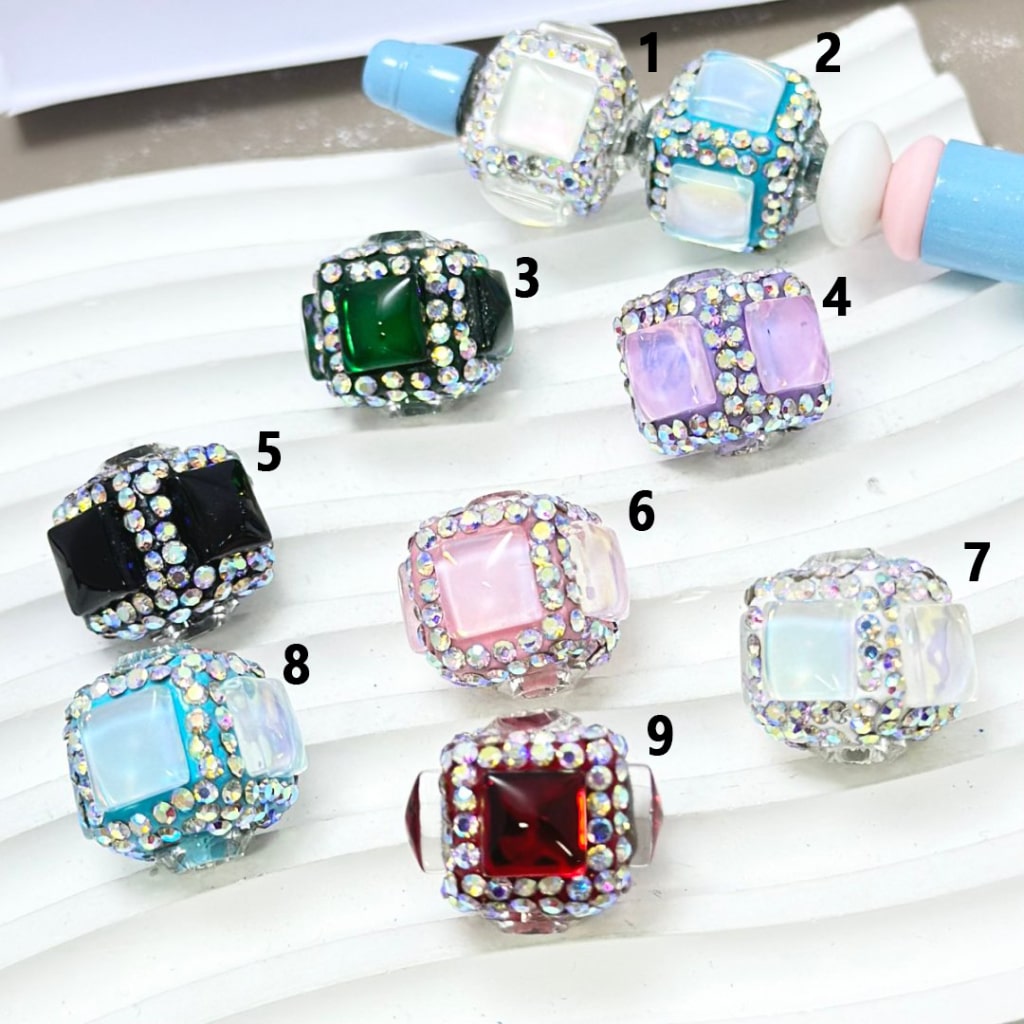 Fancy Bling Bling Colorful Square Cube Clay Beads with Large Square Clear Rhinestones Mini AB Rhinestones, Around 20*20MM, Please Read the Description