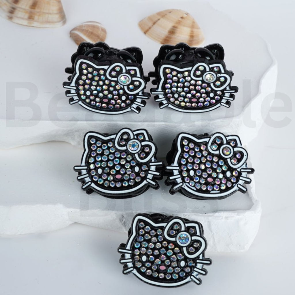 Fancy Bling Bling Silver Black Alloy HK Cat Kitten with AB Rhinestones Round Clay Beads, Around 32*24MM