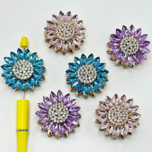 Fancy Sunflower Clay Beads with Sparkling Rhinestones over Alloy, 43mm Large