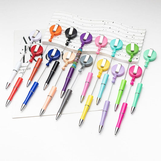 New Style DIY Beadable Plastic Pens with Spinning Back Badge Reels, 192MM