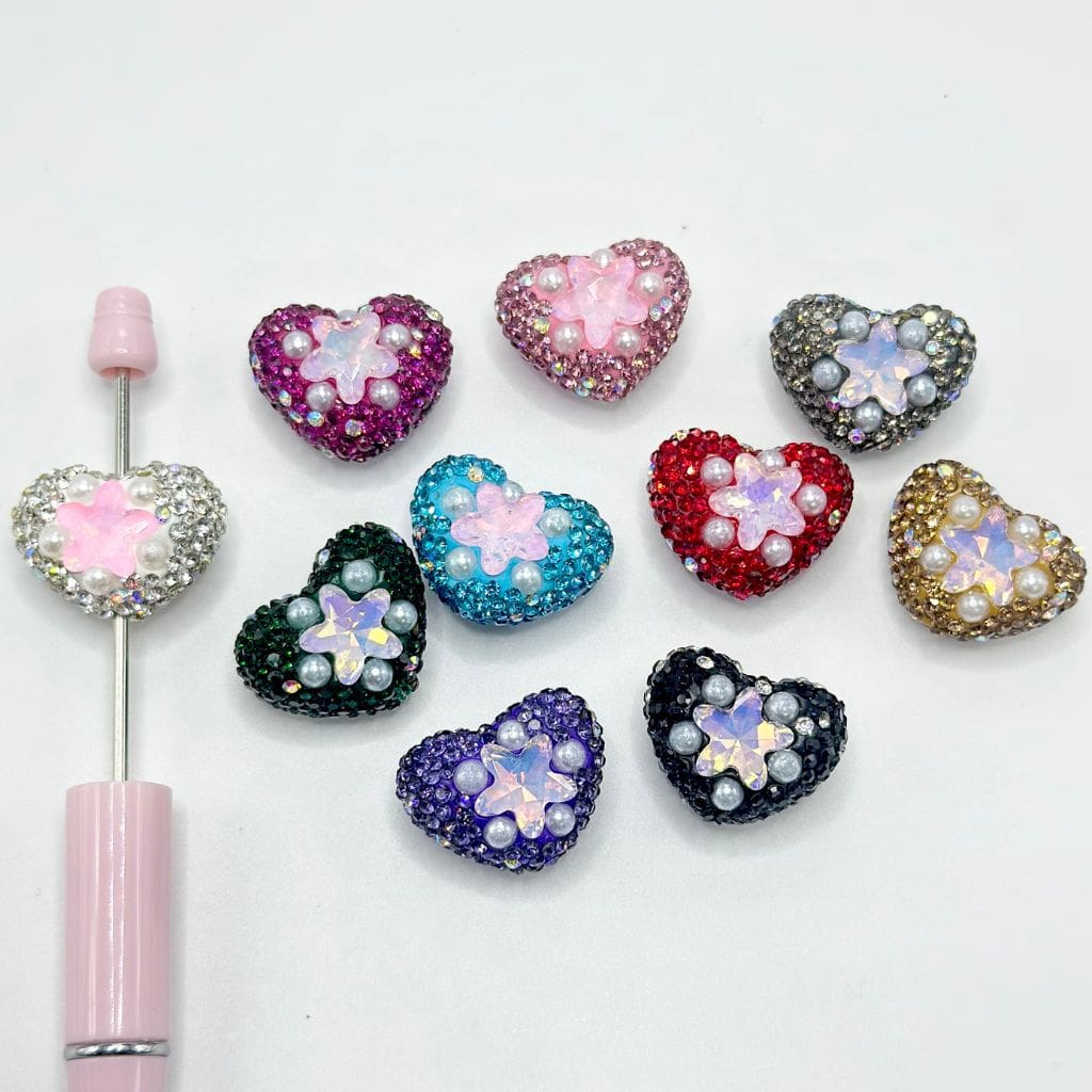 Heart Shape Clay Beads with Star Rhinestones and Small White Pearls, 25MM by 19MM