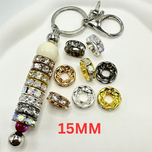 Flat Round Metal Spacers with Rhinestones in Solid Colors and with Large Hole in the Middle, 15mm