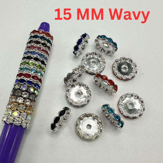 Metal Wave Shape Spacers with Rhinestones in Solid Colors, 15mm