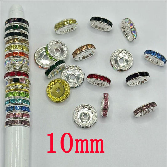 Straight Flat Round Metal Spacers with Rhinestones in Solid Colors, 10mm