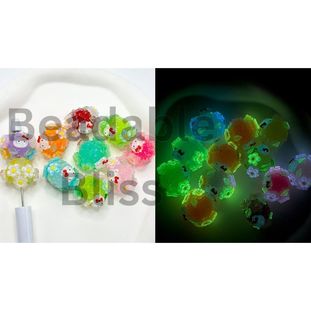 Jelly Color Sugar Acrylic Beads with Luminous Double Layer Flower and Cat Cartoon Bead, 20MM by 27MM