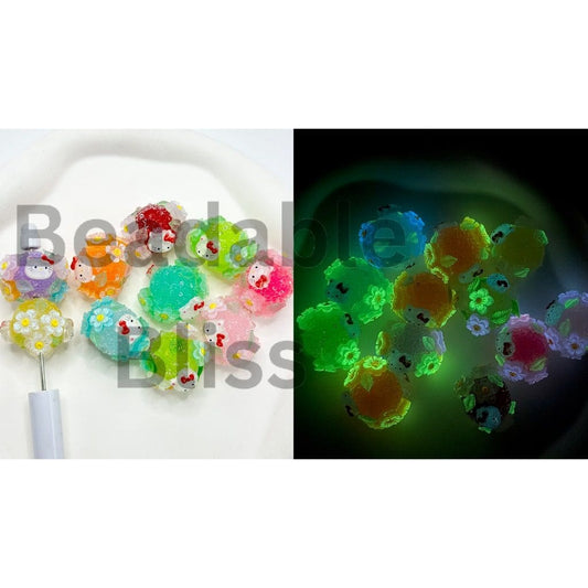 Jelly Color Sugar Acrylic Beads with Luminous Double Layer Flower and Cat Cartoon Bead, 20MM by 27MM