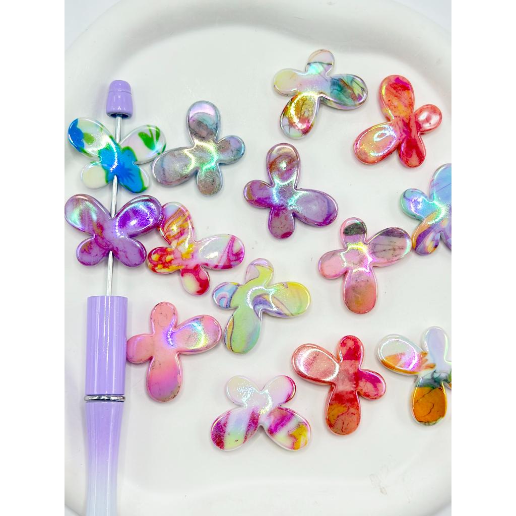 UV Coating Flat Butterfly Shape Acrylic Beads with Multi-Color Prints, Random Mix, 22MM by 28MM