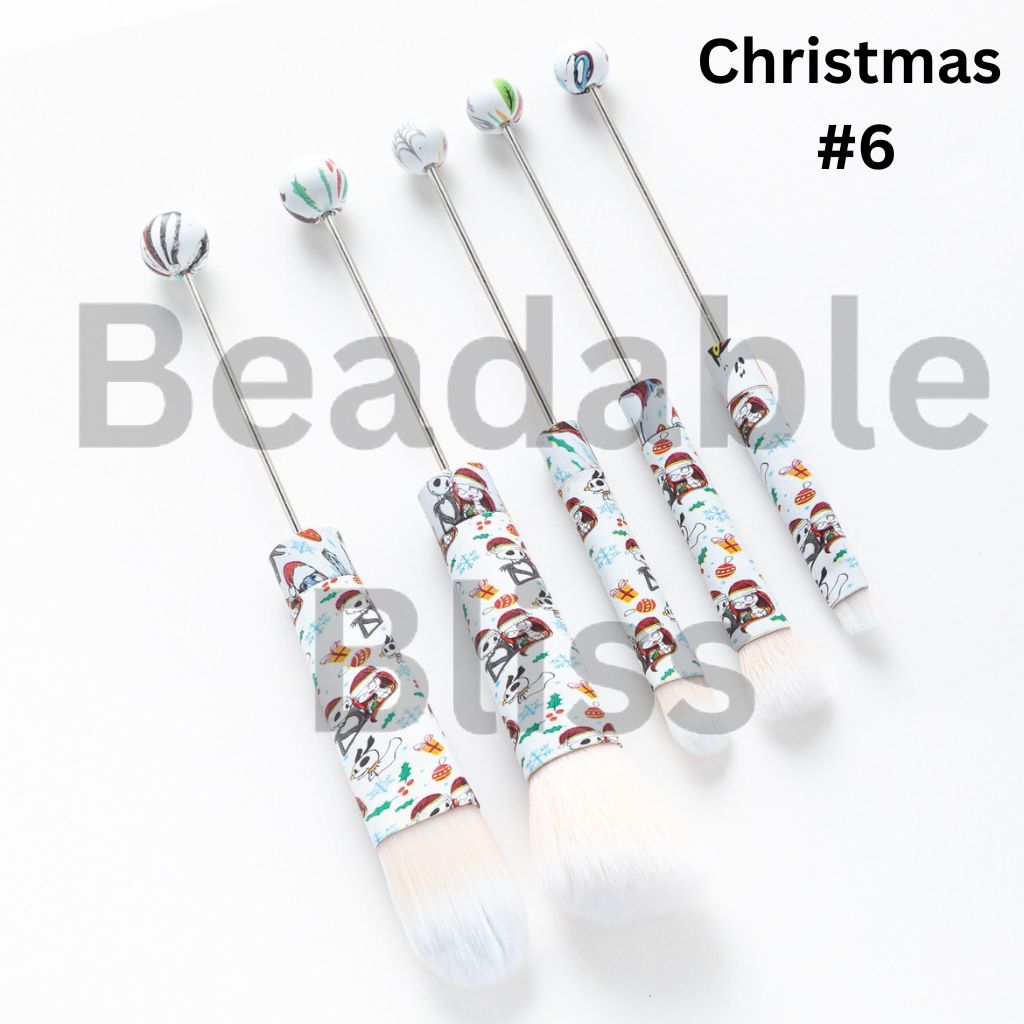 Metal Beadable Christmas Printed Makeup Brushes (1 Set = 5 pieces)