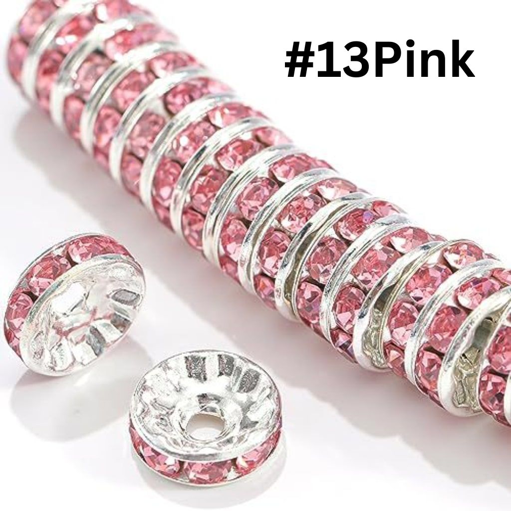 Flat Round Metal Spacers with Rhinestones, Straight, 12 mm