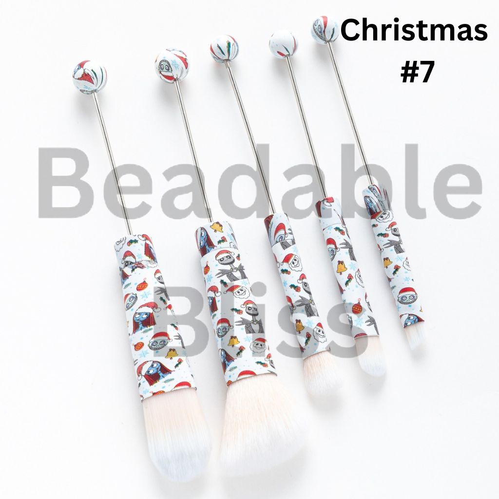 Metal Beadable Christmas Printed Makeup Brushes (1 Set = 5 pieces)