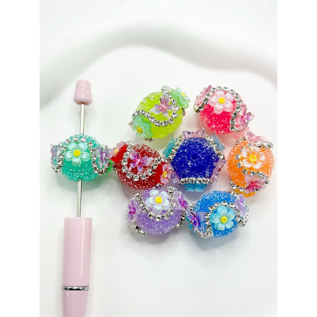 Jelly Color Sugar Acrylic Beads with Rhinestone Chain Butterfly Flower, Random Mix, 20MM by 26MM