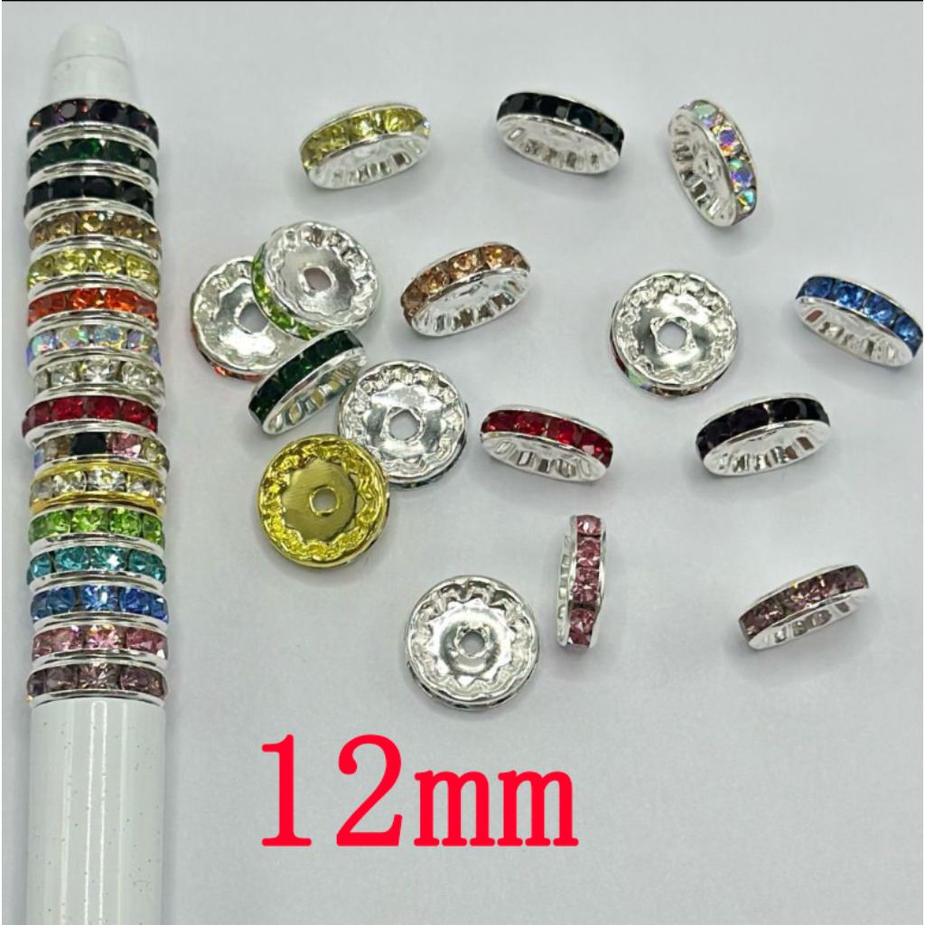 Flat Round Metal Spacers with Rhinestones, Straight, 12 mm