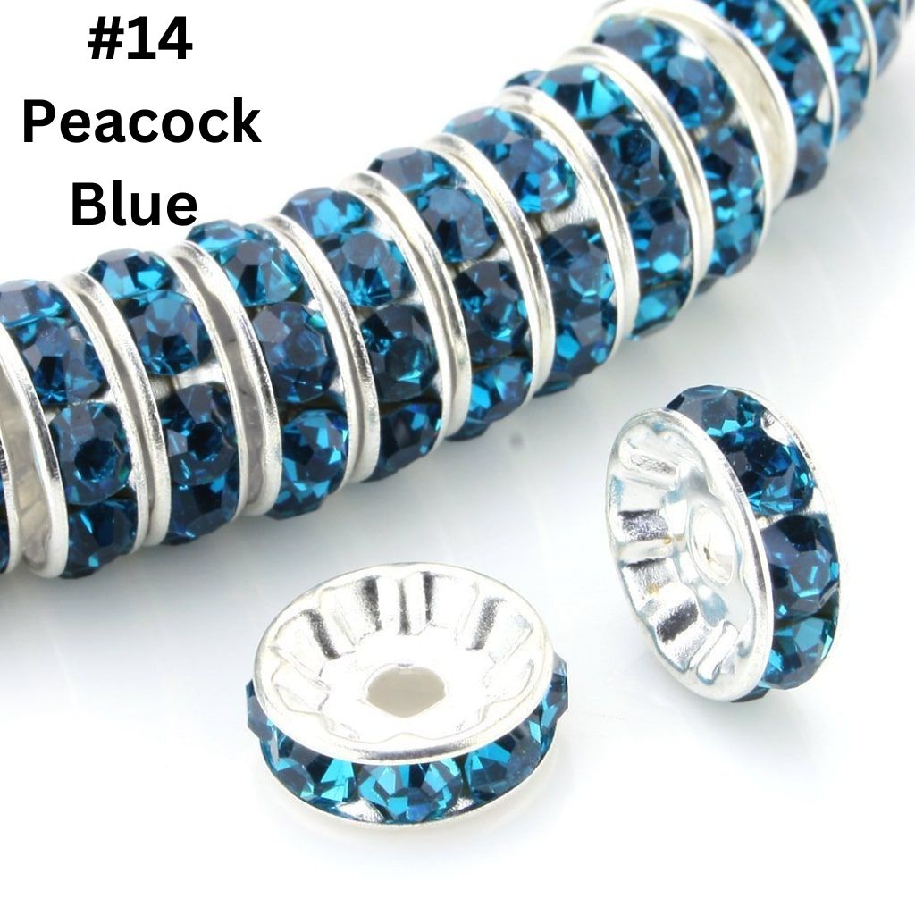 Flat Round Metal Spacers with Rhinestones, Straight, 12 mm