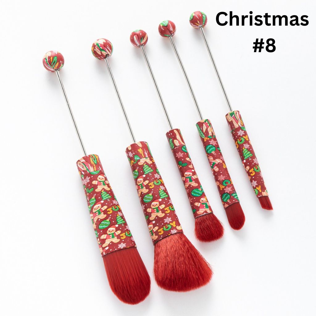 Metal Beadable Christmas Printed Makeup Brushes (1 Set = 5 pieces)