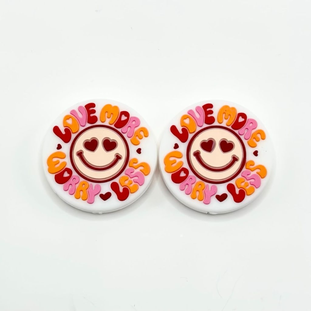 Love More Worry Less Smile Heart Face Valentines Round Silicone Focal Beads