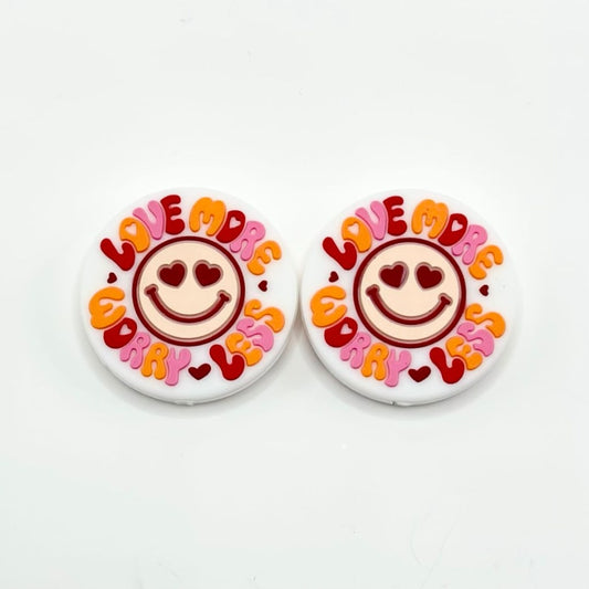 Love More Worry Less Smile Heart Face Valentines Round Silicone Focal Beads