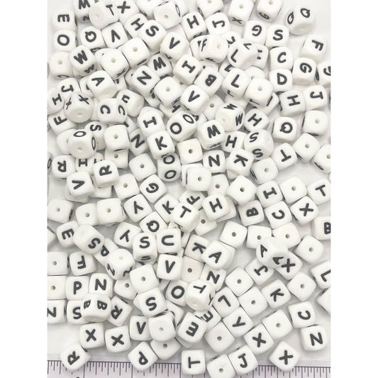 Silicone Letter Beads, Alphabet All Letters, White Color Cube, Square Shape, Size 12mm