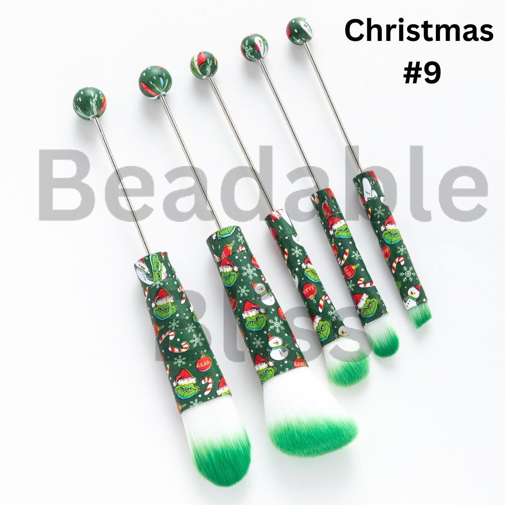 Metal Beadable Christmas Printed Makeup Brushes (1 Set = 5 pieces)