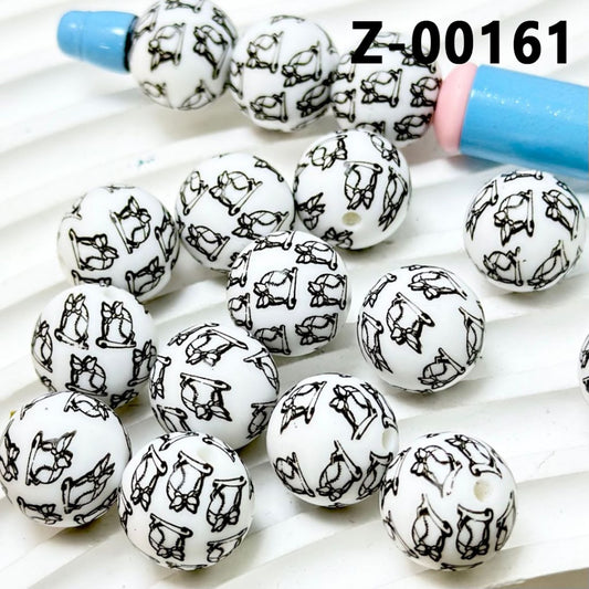 Baseball with Bowknot White Round Printed Silicone Beads 15mm, Number Z-00161