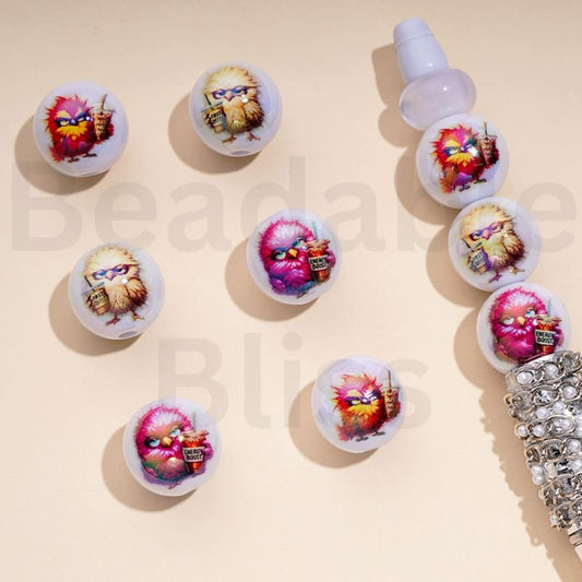 UV Coating Angry Bir White Round Acrylic Beads, 16MM, Random Mix