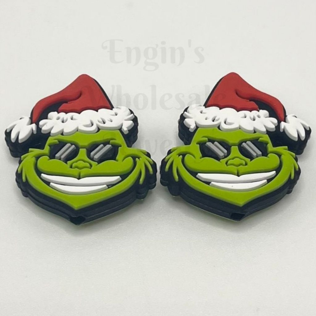 Cartoon Green Monster with Red Christmas Hat Silicone Focal Beads